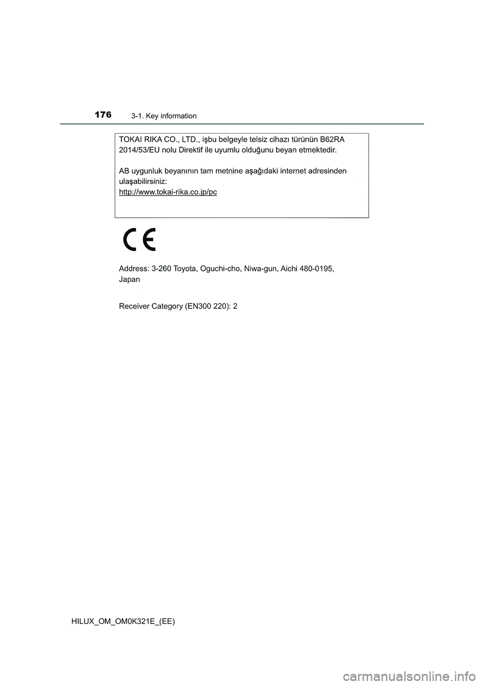 TOYOTA HILUX 2020  Owners Manual (in English) 1763-1. Key information
HILUX_OM_OM0K321E_(EE) 