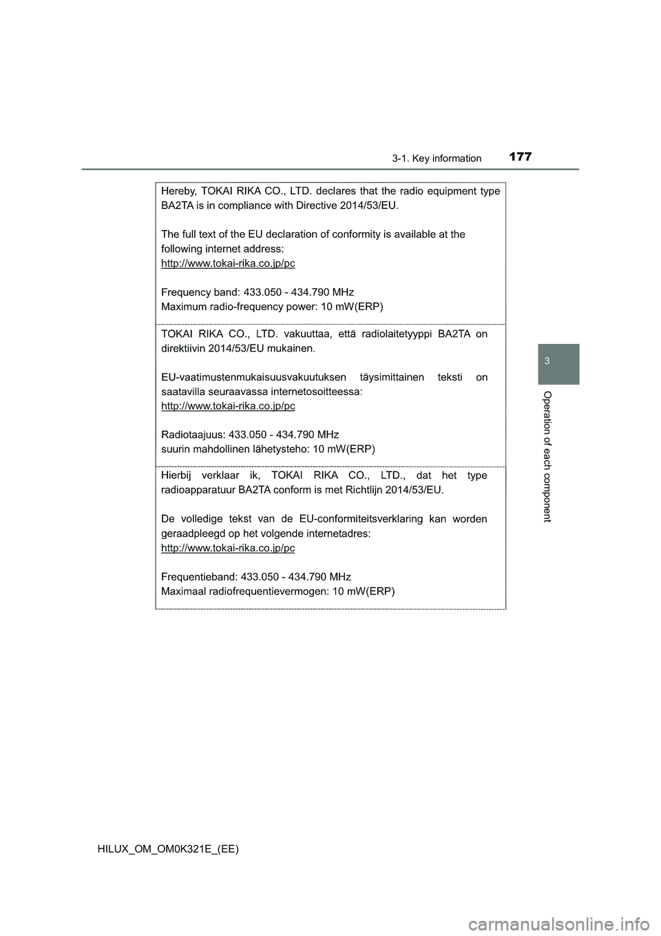 TOYOTA HILUX 2020  Owners Manual (in English) 1773-1. Key information
3
Operation of each component
HILUX_OM_OM0K321E_(EE) 