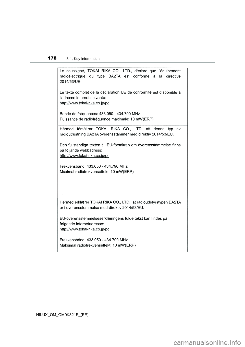 TOYOTA HILUX 2020  Owners Manual (in English) 1783-1. Key information
HILUX_OM_OM0K321E_(EE) 