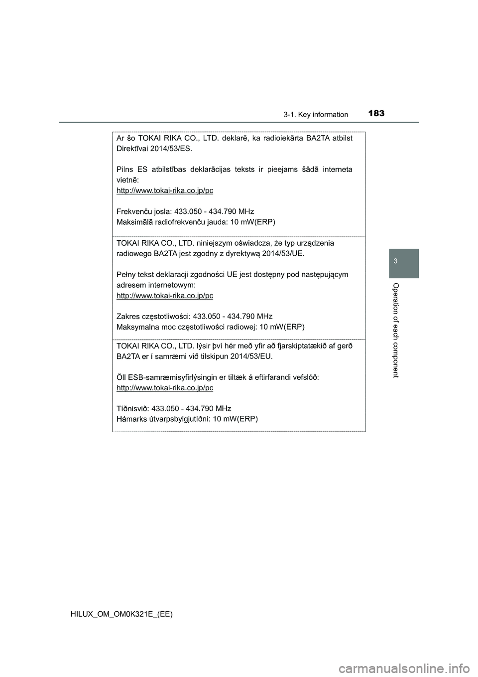 TOYOTA HILUX 2020  Owners Manual (in English) 1833-1. Key information
3
Operation of each component
HILUX_OM_OM0K321E_(EE) 