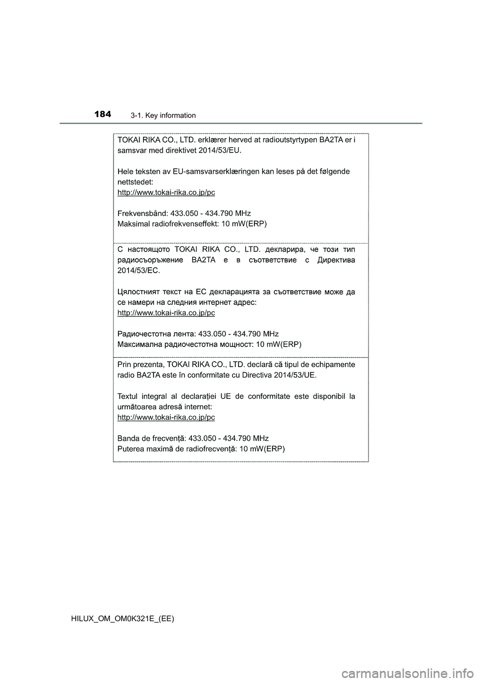 TOYOTA HILUX 2020  Owners Manual (in English) 1843-1. Key information
HILUX_OM_OM0K321E_(EE) 