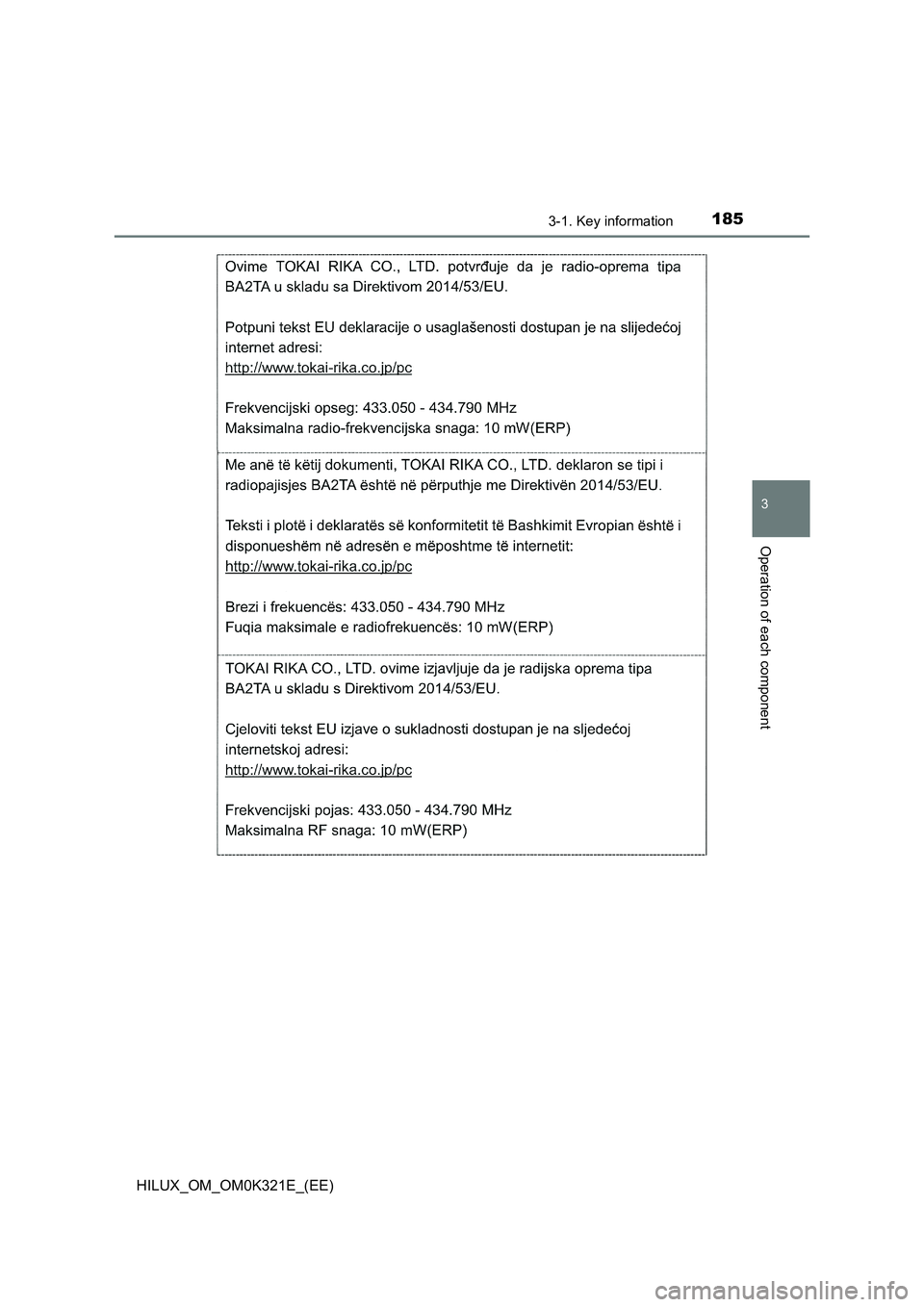 TOYOTA HILUX 2020  Owners Manual (in English) 1853-1. Key information
3
Operation of each component
HILUX_OM_OM0K321E_(EE) 