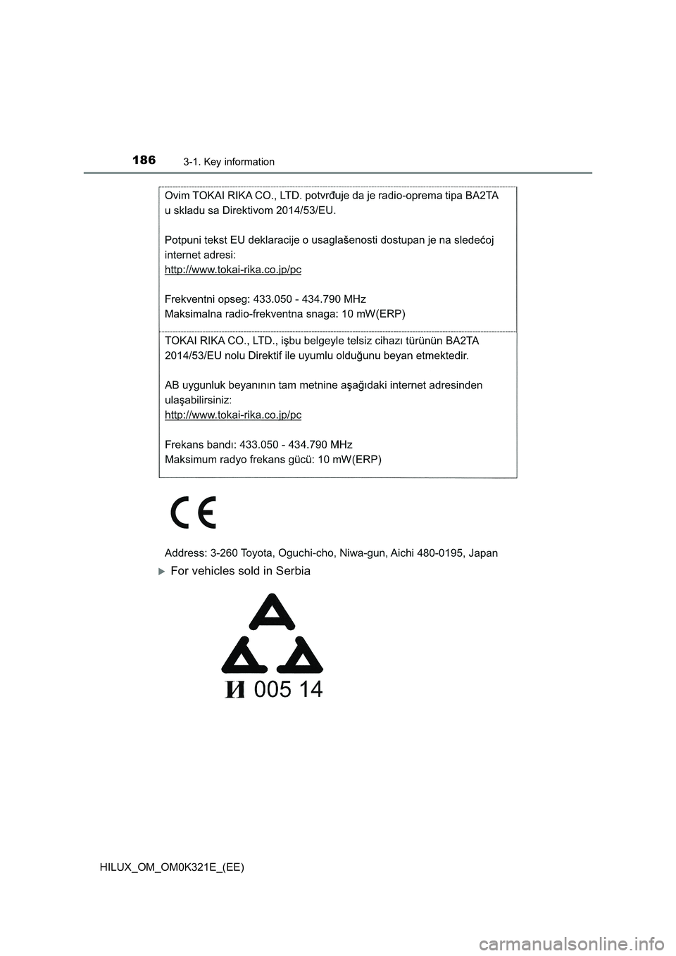 TOYOTA HILUX 2020  Owners Manual (in English) 1863-1. Key information
HILUX_OM_OM0K321E_(EE)
For vehicles sold in Serbia 