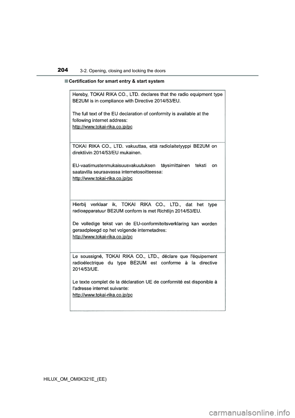 TOYOTA HILUX 2020  Owners Manual (in English) 2043-2. Opening, closing and locking the doors
HILUX_OM_OM0K321E_(EE) 
■ Certification for smart entry & start system 