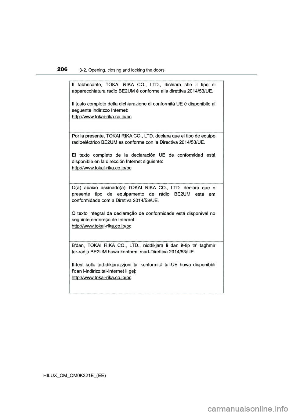 TOYOTA HILUX 2020  Owners Manual (in English) 2063-2. Opening, closing and locking the doors
HILUX_OM_OM0K321E_(EE) 