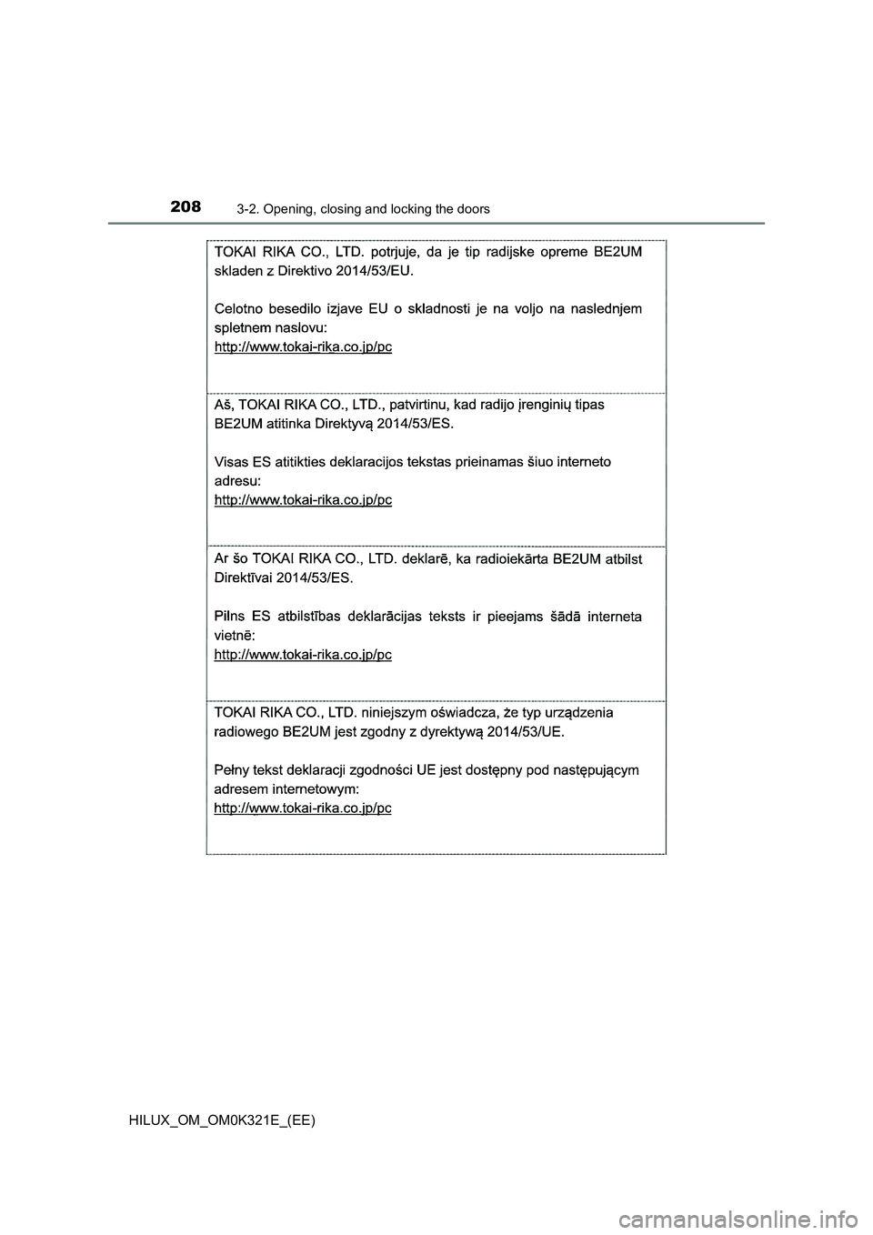TOYOTA HILUX 2020  Owners Manual (in English) 2083-2. Opening, closing and locking the doors
HILUX_OM_OM0K321E_(EE) 