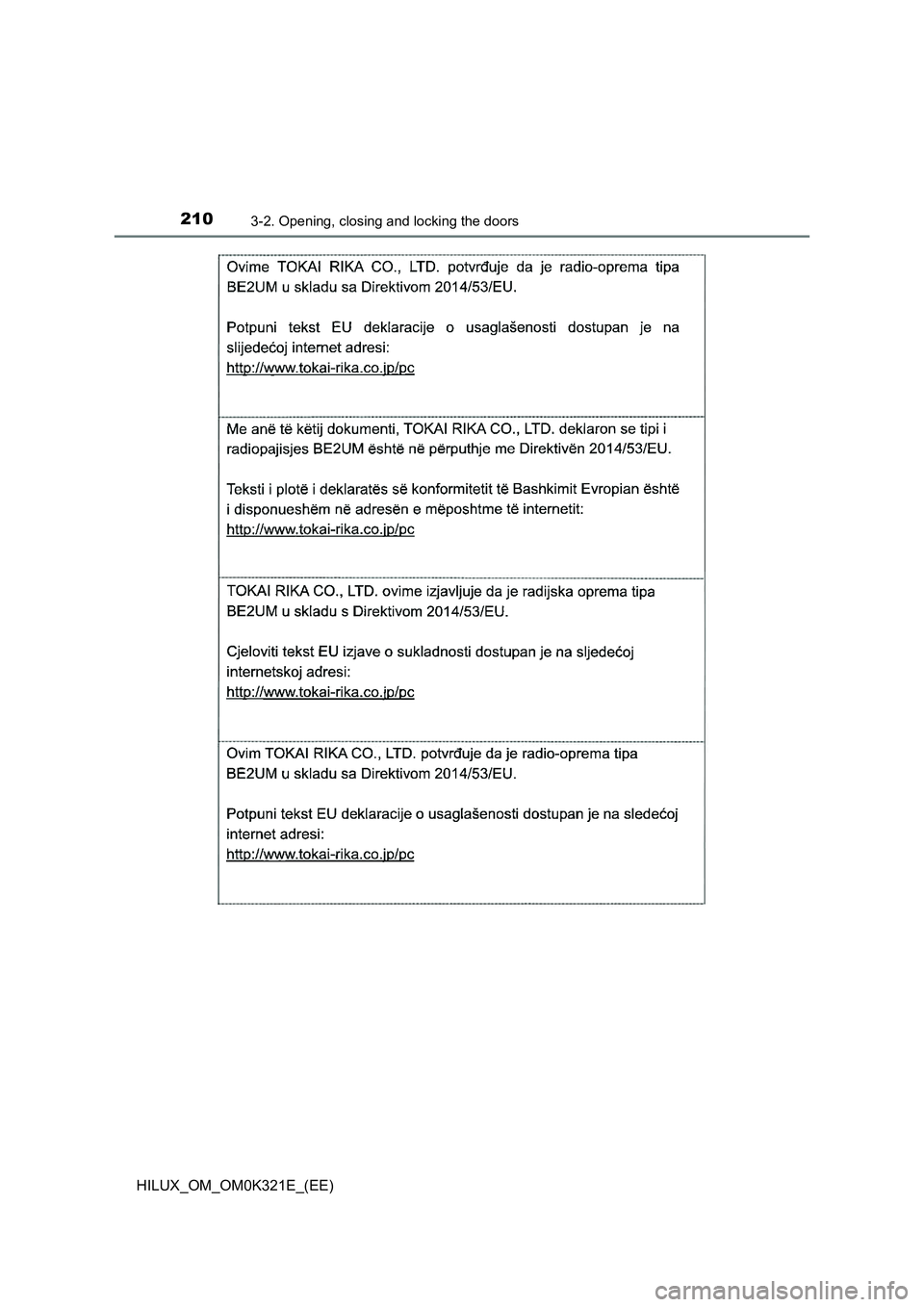 TOYOTA HILUX 2020  Owners Manual (in English) 2103-2. Opening, closing and locking the doors
HILUX_OM_OM0K321E_(EE) 