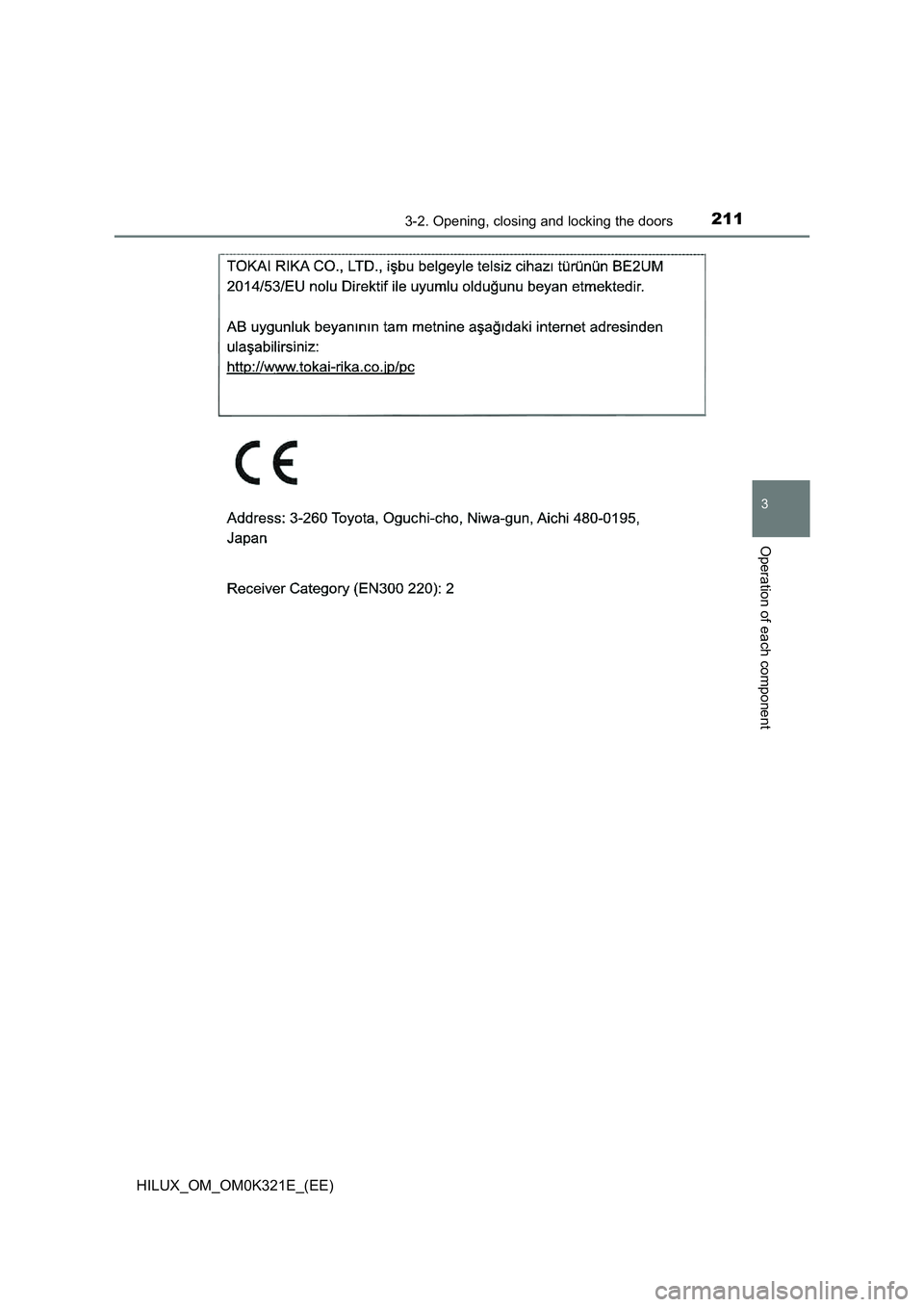 TOYOTA HILUX 2020  Owners Manual (in English) 2113-2. Opening, closing and locking the doors
3
Operation of each component
HILUX_OM_OM0K321E_(EE) 