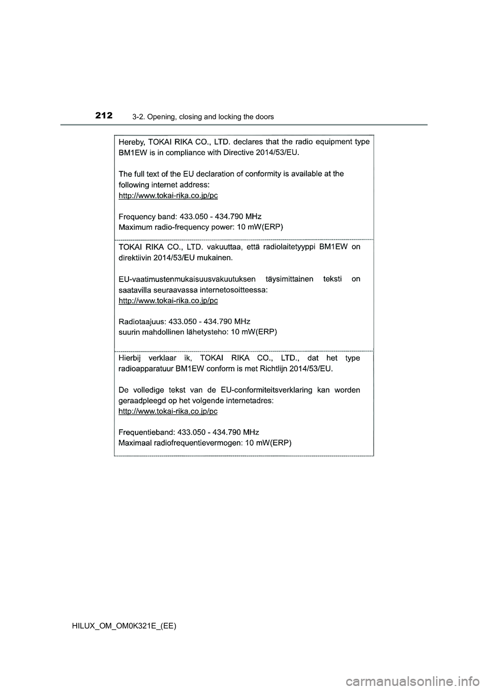 TOYOTA HILUX 2020  Owners Manual (in English) 2123-2. Opening, closing and locking the doors
HILUX_OM_OM0K321E_(EE) 