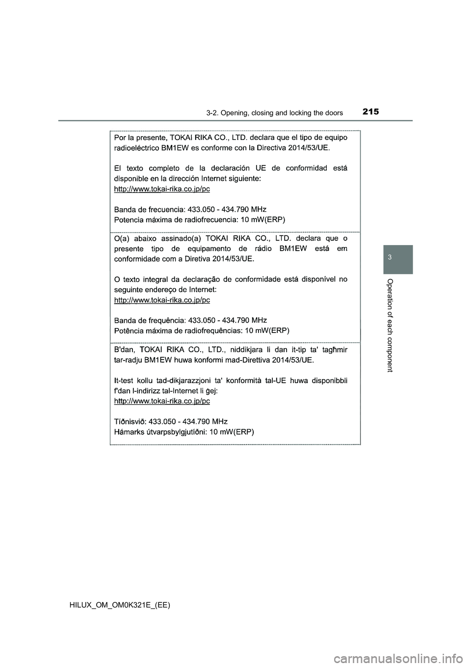 TOYOTA HILUX 2020  Owners Manual (in English) 2153-2. Opening, closing and locking the doors
3
Operation of each component
HILUX_OM_OM0K321E_(EE) 