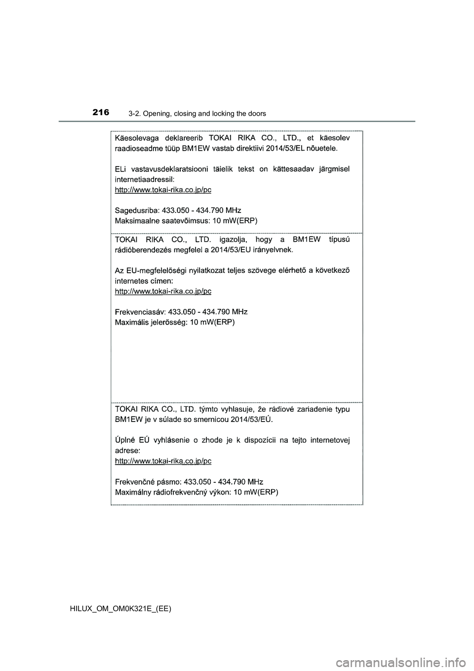 TOYOTA HILUX 2020  Owners Manual (in English) 2163-2. Opening, closing and locking the doors
HILUX_OM_OM0K321E_(EE) 