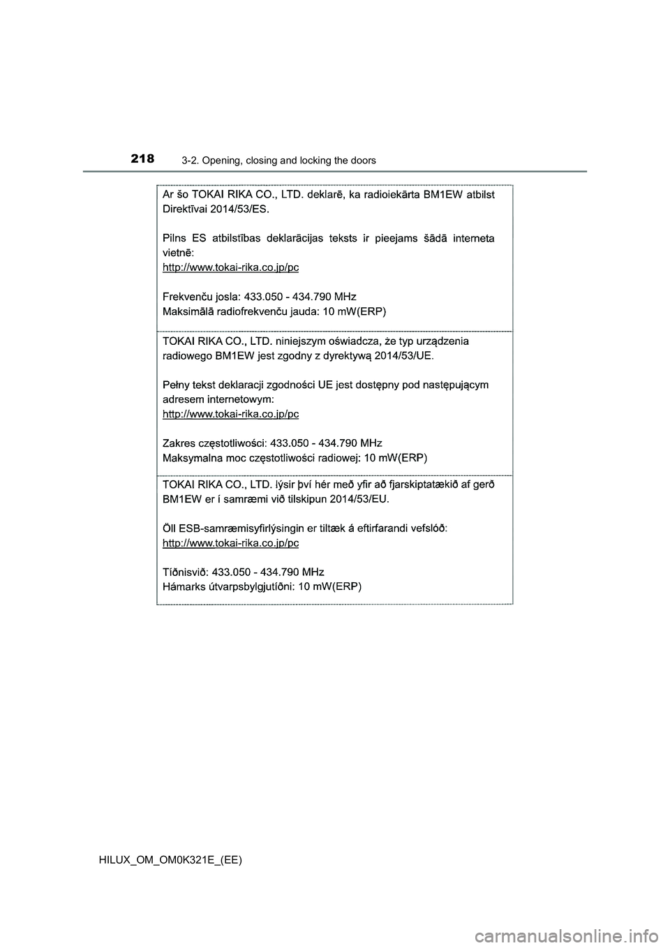 TOYOTA HILUX 2020  Owners Manual (in English) 2183-2. Opening, closing and locking the doors
HILUX_OM_OM0K321E_(EE) 
