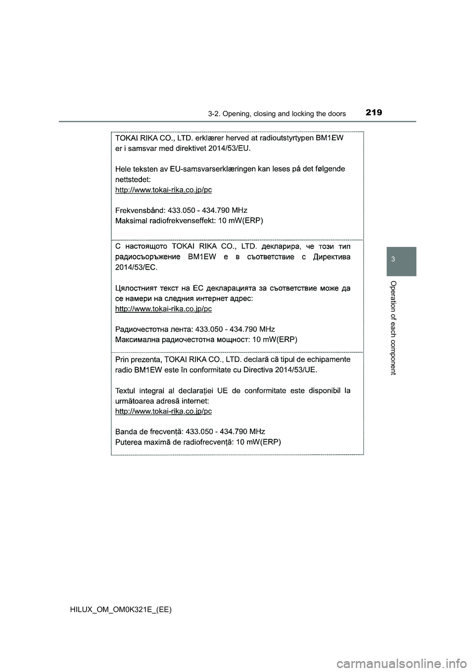 TOYOTA HILUX 2020  Owners Manual (in English) 2193-2. Opening, closing and locking the doors
3
Operation of each component
HILUX_OM_OM0K321E_(EE) 