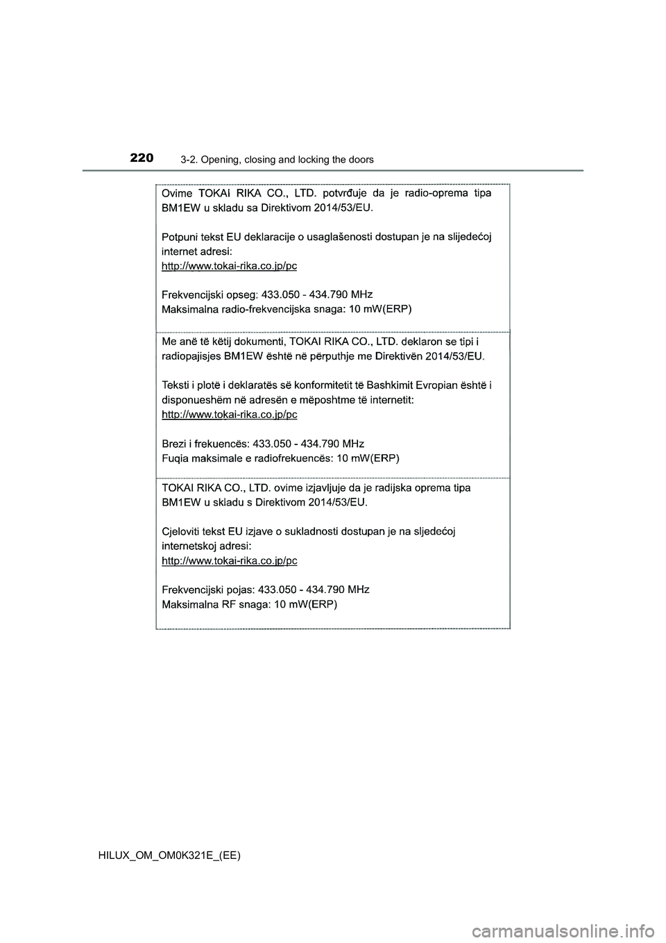 TOYOTA HILUX 2020  Owners Manual (in English) 2203-2. Opening, closing and locking the doors
HILUX_OM_OM0K321E_(EE) 