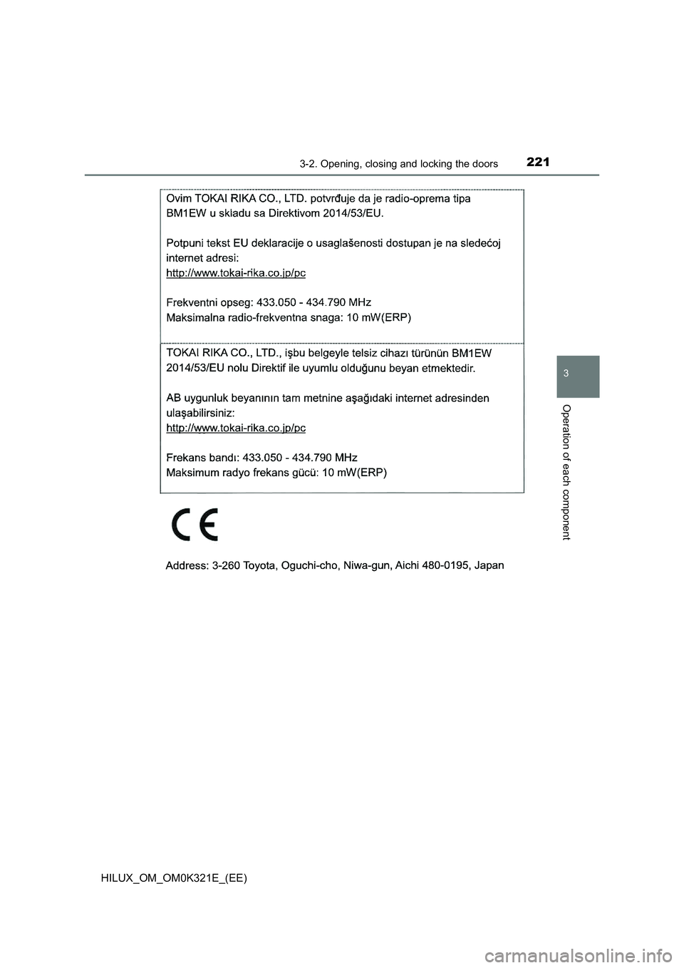 TOYOTA HILUX 2020  Owners Manual (in English) 2213-2. Opening, closing and locking the doors
3
Operation of each component
HILUX_OM_OM0K321E_(EE) 