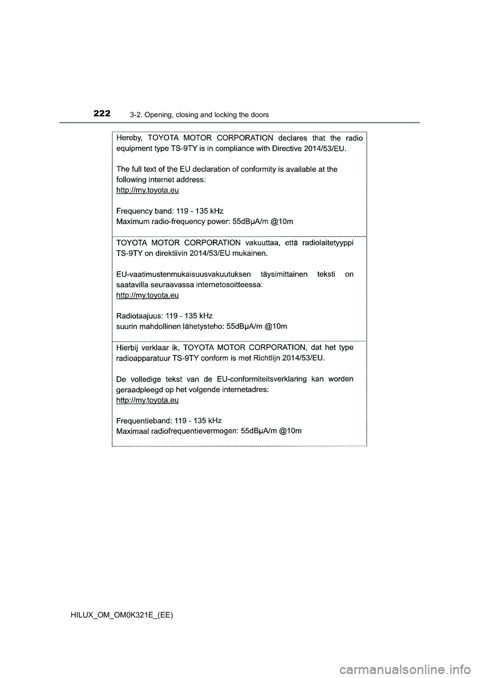 TOYOTA HILUX 2020  Owners Manual (in English) 2223-2. Opening, closing and locking the doors
HILUX_OM_OM0K321E_(EE) 