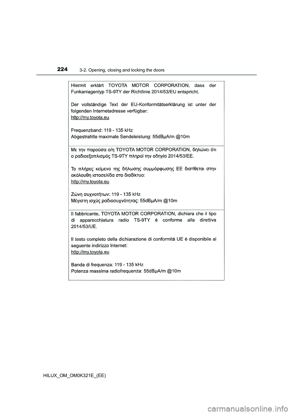 TOYOTA HILUX 2020  Owners Manual (in English) 2243-2. Opening, closing and locking the doors
HILUX_OM_OM0K321E_(EE) 