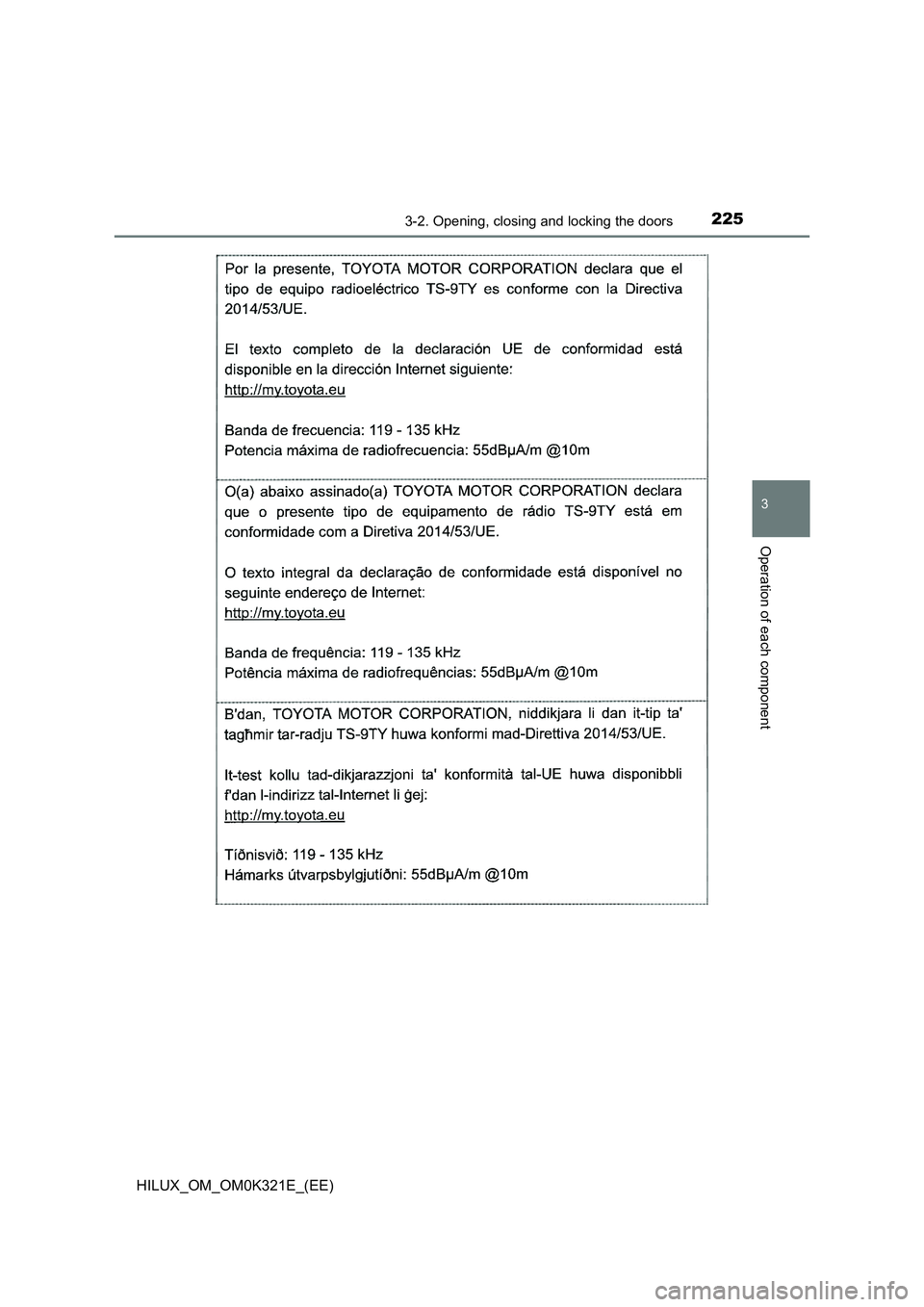 TOYOTA HILUX 2020  Owners Manual (in English) 2253-2. Opening, closing and locking the doors
3
Operation of each component
HILUX_OM_OM0K321E_(EE) 