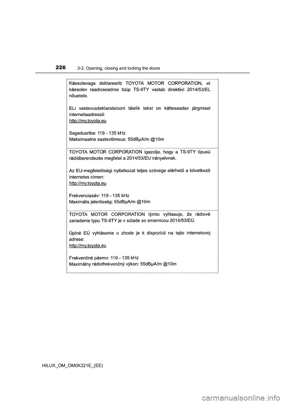 TOYOTA HILUX 2020  Owners Manual (in English) 2263-2. Opening, closing and locking the doors
HILUX_OM_OM0K321E_(EE) 