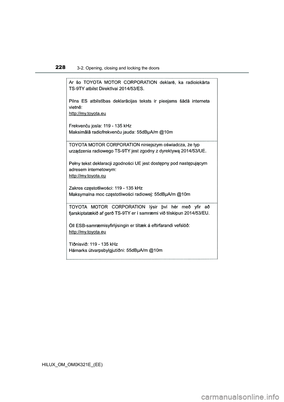 TOYOTA HILUX 2020  Owners Manual (in English) 2283-2. Opening, closing and locking the doors
HILUX_OM_OM0K321E_(EE) 