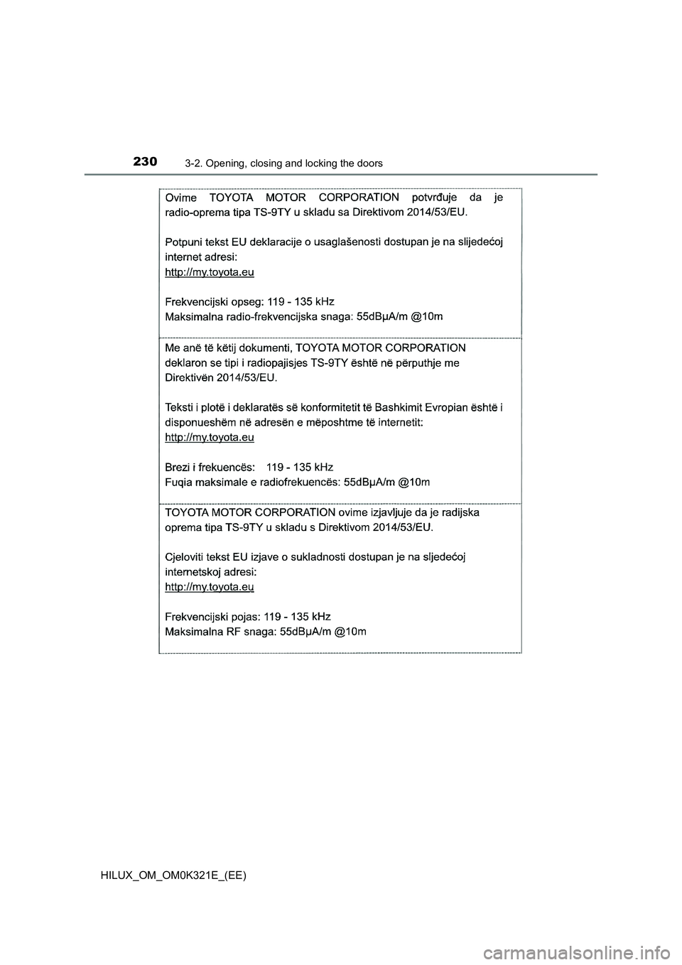 TOYOTA HILUX 2020  Owners Manual (in English) 2303-2. Opening, closing and locking the doors
HILUX_OM_OM0K321E_(EE) 