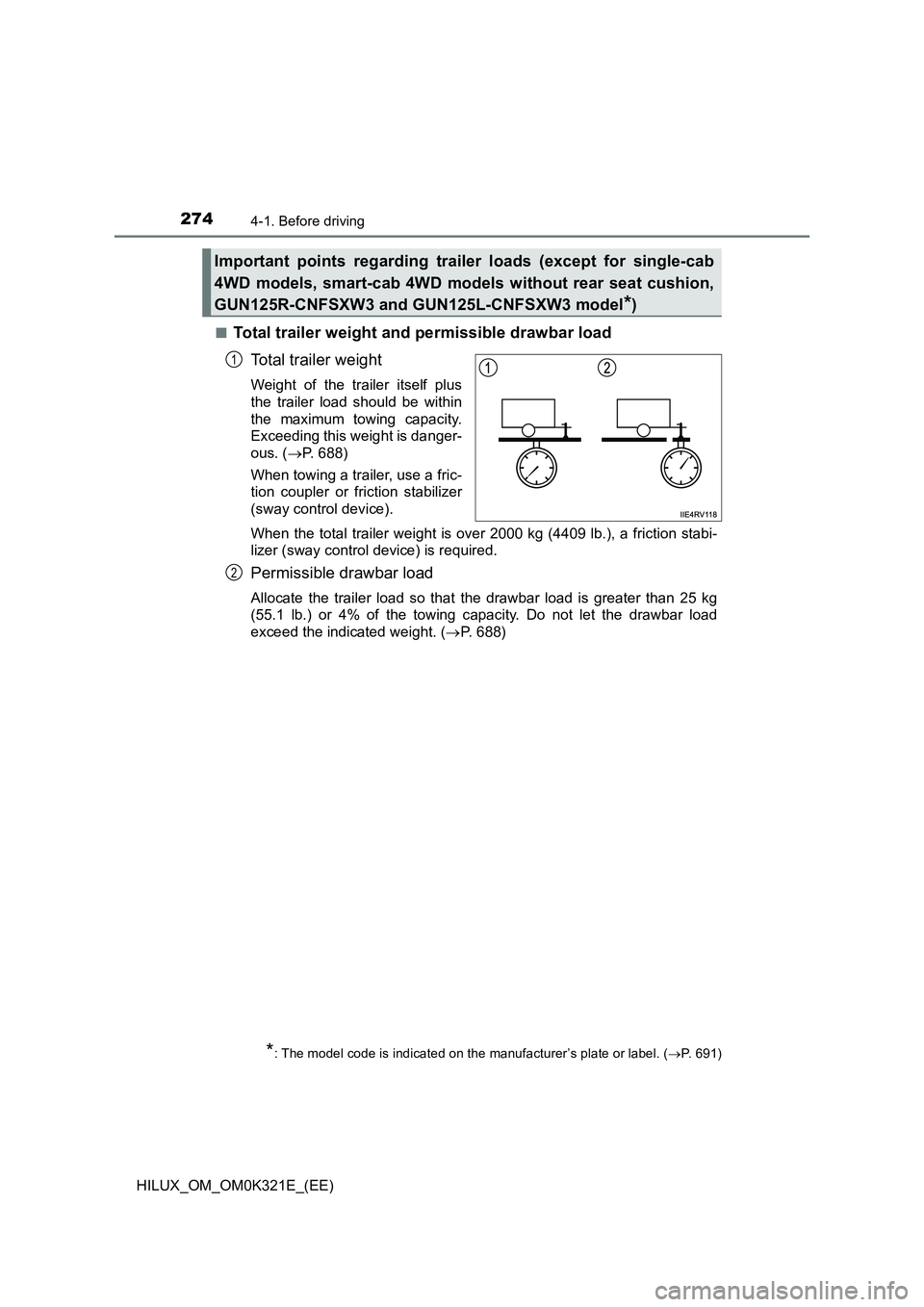 TOYOTA HILUX 2020  Owners Manual (in English) 2744-1. Before driving
HILUX_OM_OM0K321E_(EE) 
■Total trailer weight and permissible drawbar load 
Total trailer weight
Weight of the trailer itself plus 
the trailer load should be within
the maxim