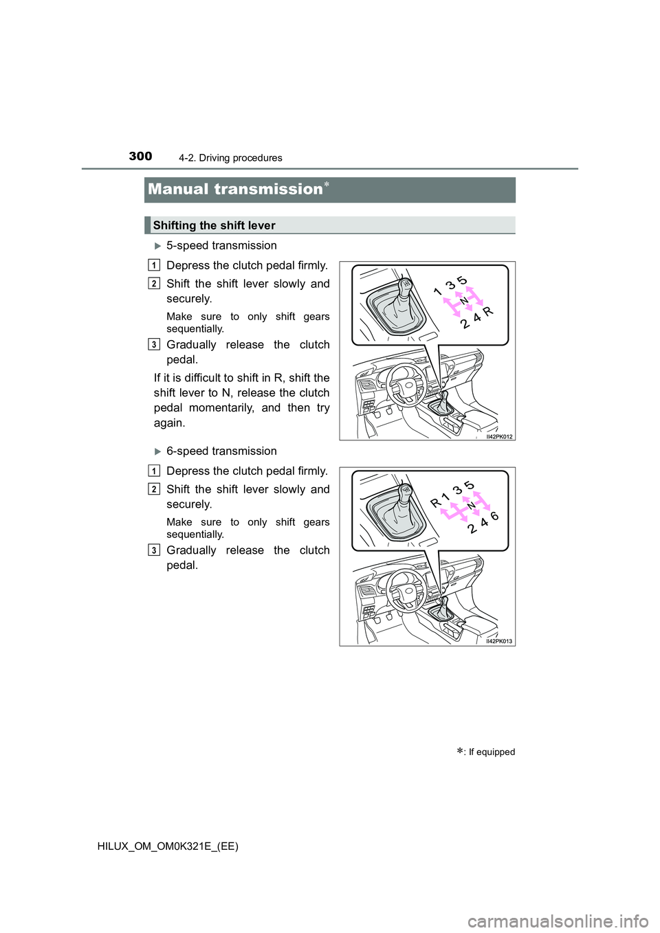 TOYOTA HILUX 2020  Owners Manual (in English) 3004-2. Driving procedures
HILUX_OM_OM0K321E_(EE)
Manual transmission
5-speed transmission 
Depress the clutch pedal firmly. 
Shift the shift lever slowly and 
securely.
Make sure to only shift 
