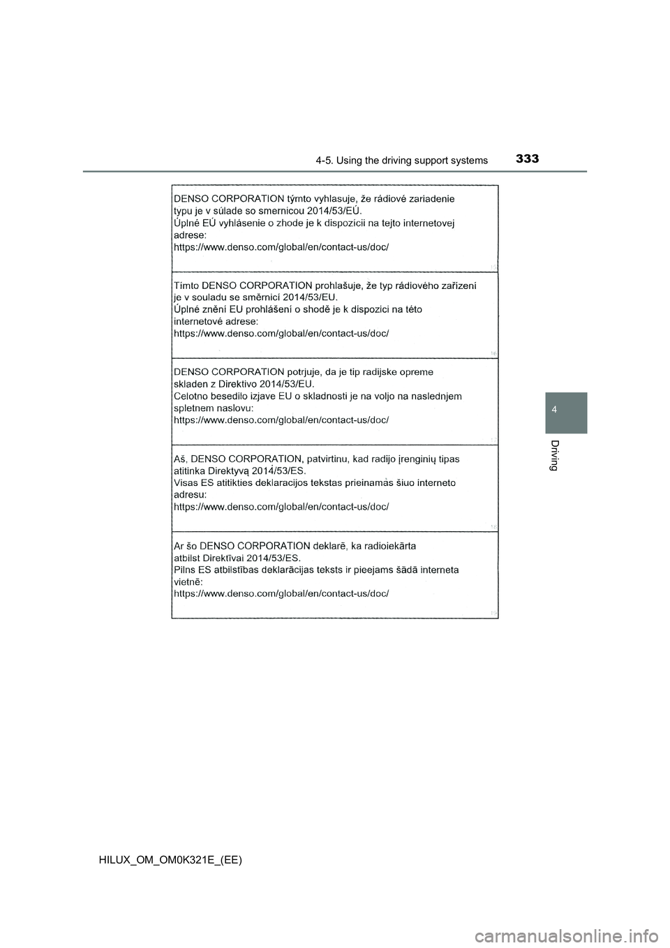 TOYOTA HILUX 2020  Owners Manual (in English) 3334-5. Using the driving support systems
4
Driving
HILUX_OM_OM0K321E_(EE) 