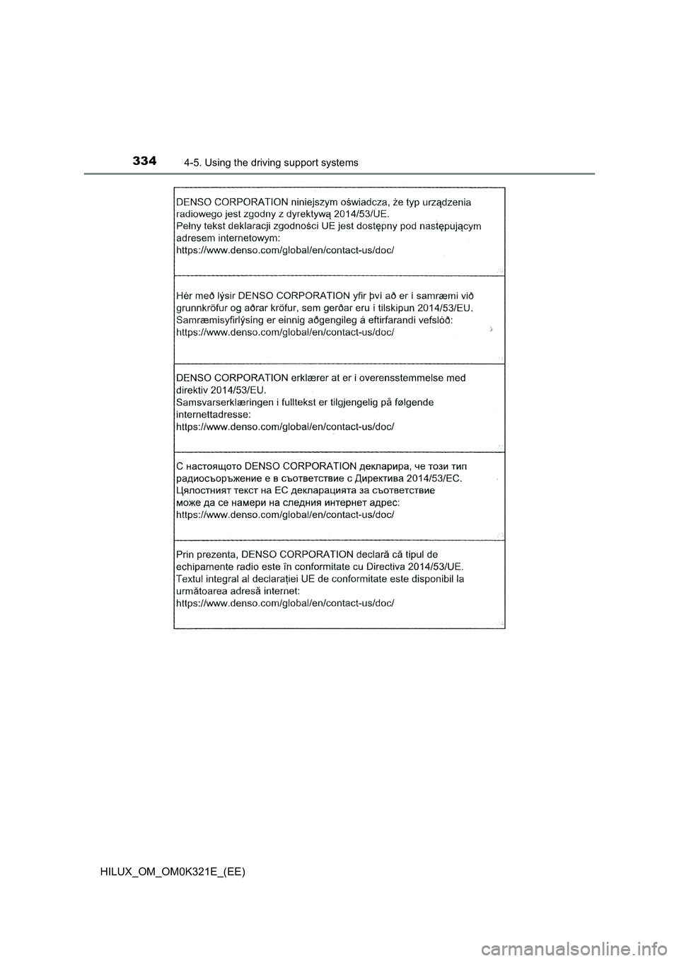 TOYOTA HILUX 2020  Owners Manual (in English) 3344-5. Using the driving support systems
HILUX_OM_OM0K321E_(EE) 