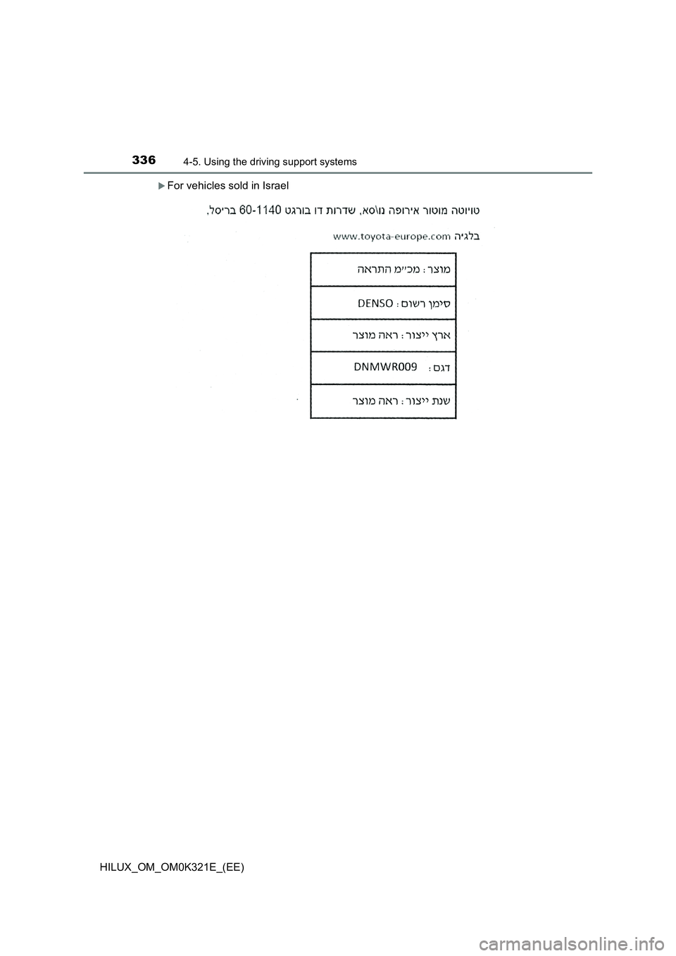 TOYOTA HILUX 2020  Owners Manual (in English) 3364-5. Using the driving support systems
HILUX_OM_OM0K321E_(EE)
For vehicles sold in Israel 