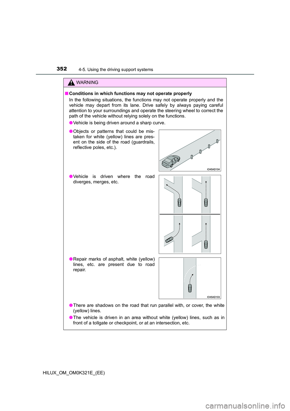 TOYOTA HILUX 2020  Owners Manual (in English) 3524-5. Using the driving support systems
HILUX_OM_OM0K321E_(EE)
WARNING
■Conditions in which functions may not operate properly 
In the following situations, the functions may not operate properly 