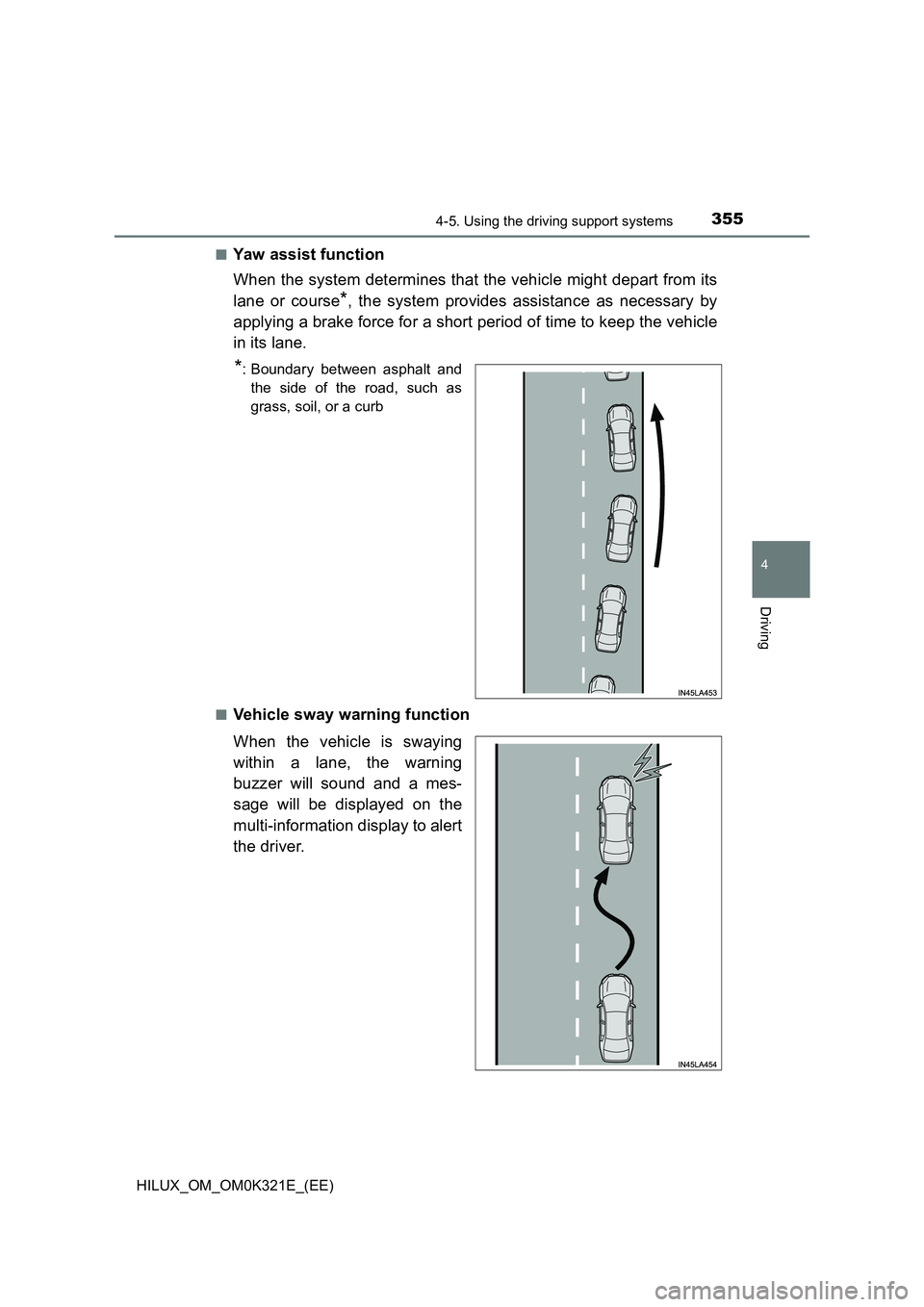TOYOTA HILUX 2020  Owners Manual (in English) 3554-5. Using the driving support systems
4
Driving
HILUX_OM_OM0K321E_(EE) 
■Yaw assist function 
When the system determines that the vehicle might depart from its 
lane or course*, the system provi