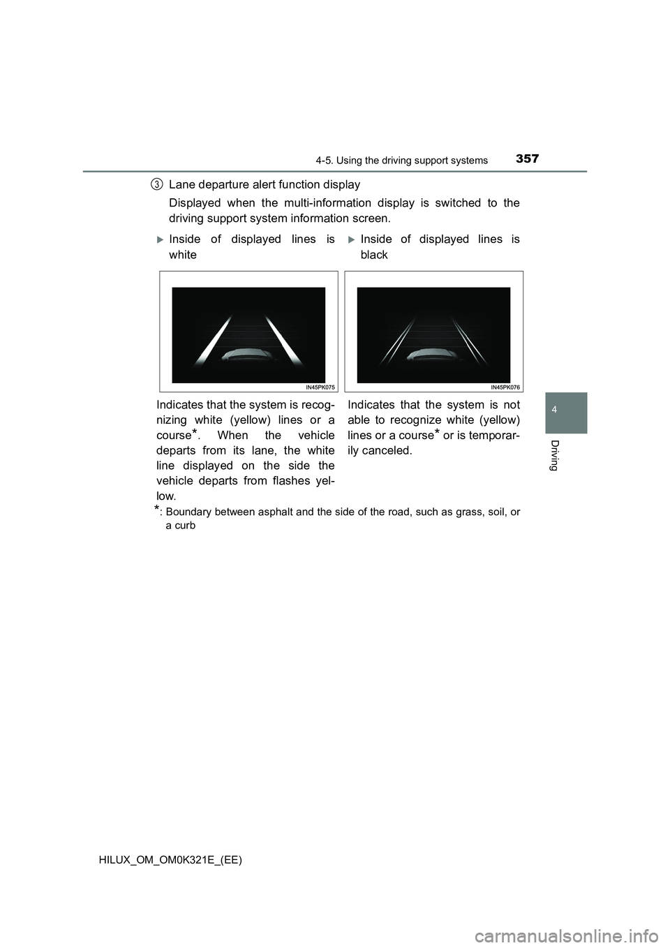 TOYOTA HILUX 2020  Owners Manual (in English) 3574-5. Using the driving support systems
4
Driving
HILUX_OM_OM0K321E_(EE)
Lane departure alert function display 
Displayed when the multi-information display is switched to the 
driving support syste