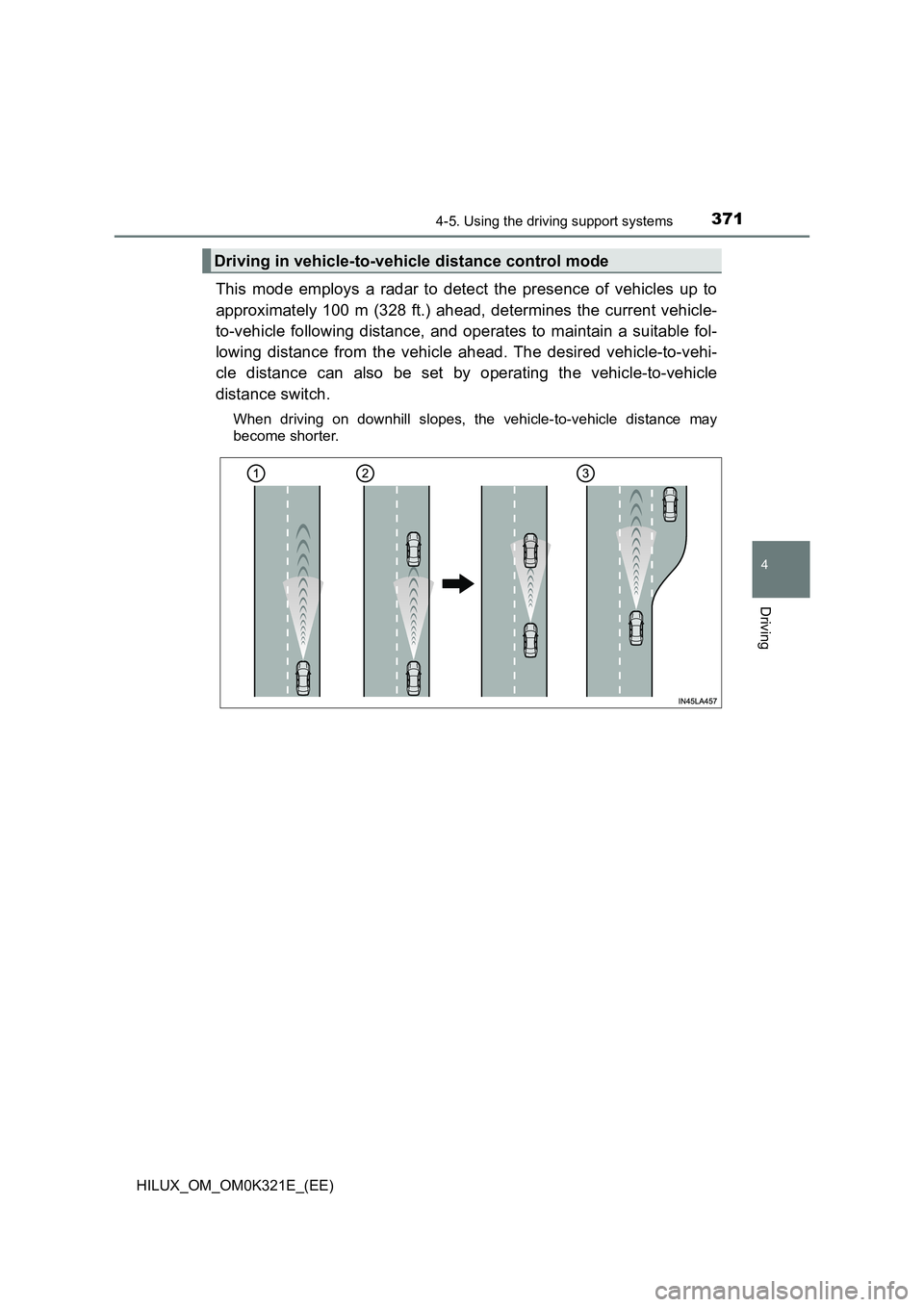 TOYOTA HILUX 2020  Owners Manual (in English) 3714-5. Using the driving support systems
4
Driving
HILUX_OM_OM0K321E_(EE)
This mode employs a radar to detect the presence of vehicles up to 
approximately 100 m (328 ft.) ahead, determines the curre