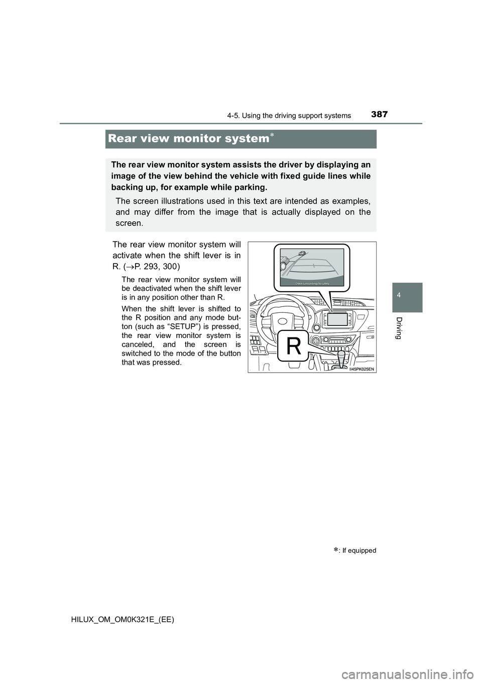 TOYOTA HILUX 2020  Owners Manual (in English) 387
4
4-5. Using the driving support systems
Driving
HILUX_OM_OM0K321E_(EE)
Rear view monitor system
The rear view monitor system will 
activate when the shift lever is in 
R. ( P. 293, 300)
The