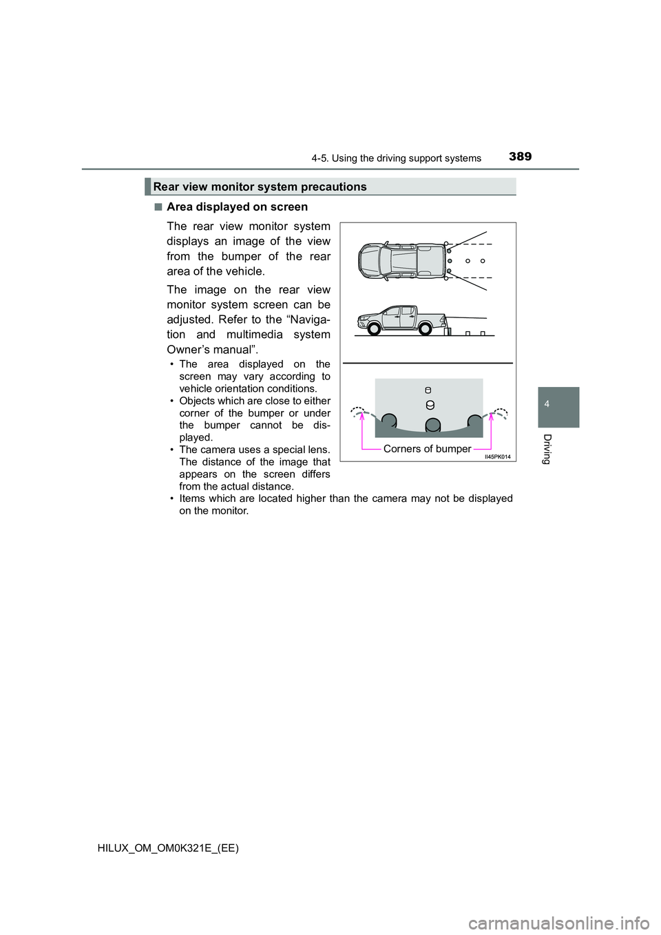 TOYOTA HILUX 2020  Owners Manual (in English) 3894-5. Using the driving support systems
4
Driving
HILUX_OM_OM0K321E_(EE) 
■Area displayed on screen 
The rear view monitor system 
displays an image of the view 
from the bumper of the rear 
area 
