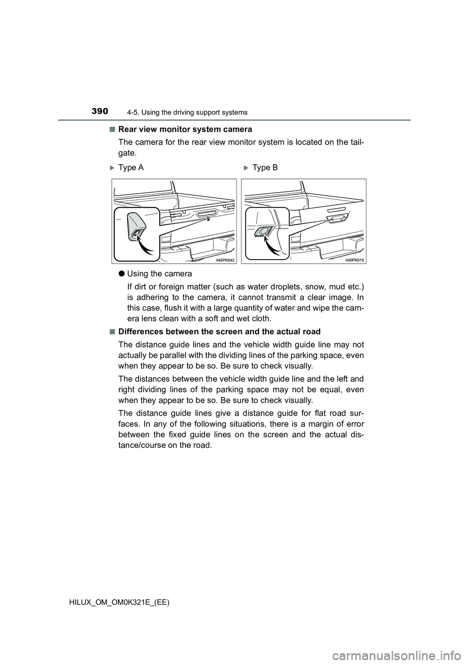 TOYOTA HILUX 2020 Owners Manual (in English) 3904-5. Using the driving support systems
HILUX_OM_OM0K321E_(EE)
■Rear view monitor system camera
The camera for the rear view monitor system is located on the tail-
gate.
● Using the camera
TOYOTA HILUX 2020 Owners Manual (in English) 3904-5. Using the driving support systems
HILUX_OM_OM0K321E_(EE)
■Rear view monitor system camera
The camera for the rear view monitor system is located on the tail-
gate.
● Using the camera
