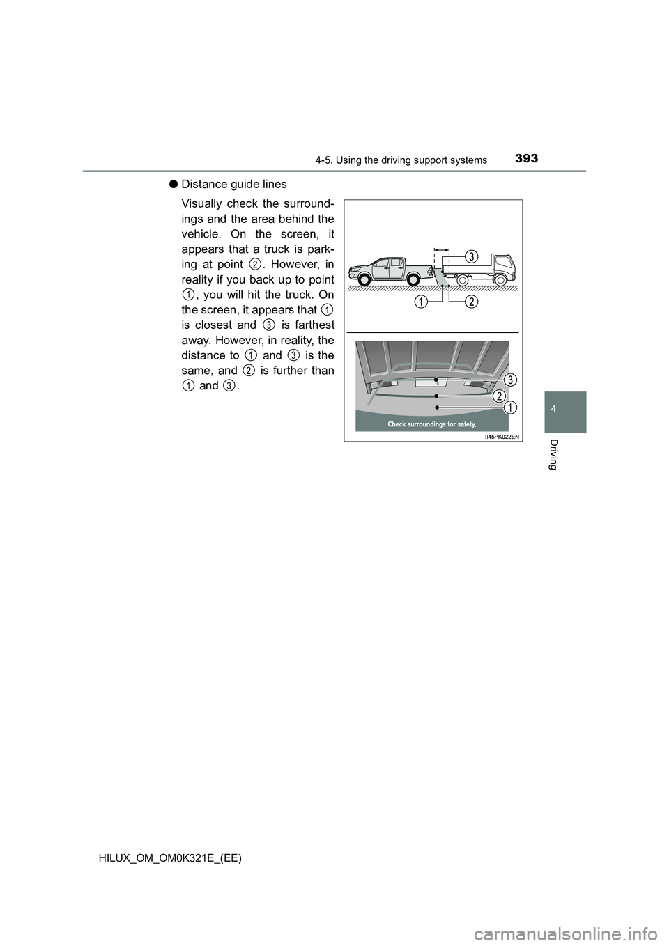 TOYOTA HILUX 2020  Owners Manual (in English) 3934-5. Using the driving support systems
4
Driving
HILUX_OM_OM0K321E_(EE)
●Distance guide lines 
Visually check the surround- 
ings and the area behind the 
vehicle. On the screen, it 
appears that