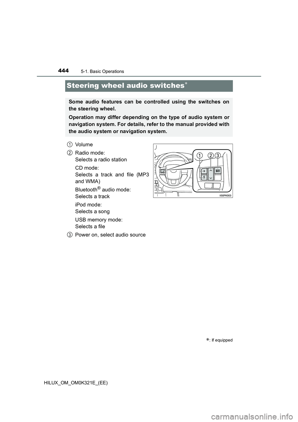 TOYOTA HILUX 2020  Owners Manual (in English) 4445-1. Basic Operations
HILUX_OM_OM0K321E_(EE)
Steering wheel audio switches
Vo lu m e 
Radio mode: 
Selects a radio station 
CD mode: 
Selects a track and file (MP3 
and WMA) 
Bluetooth® audio m