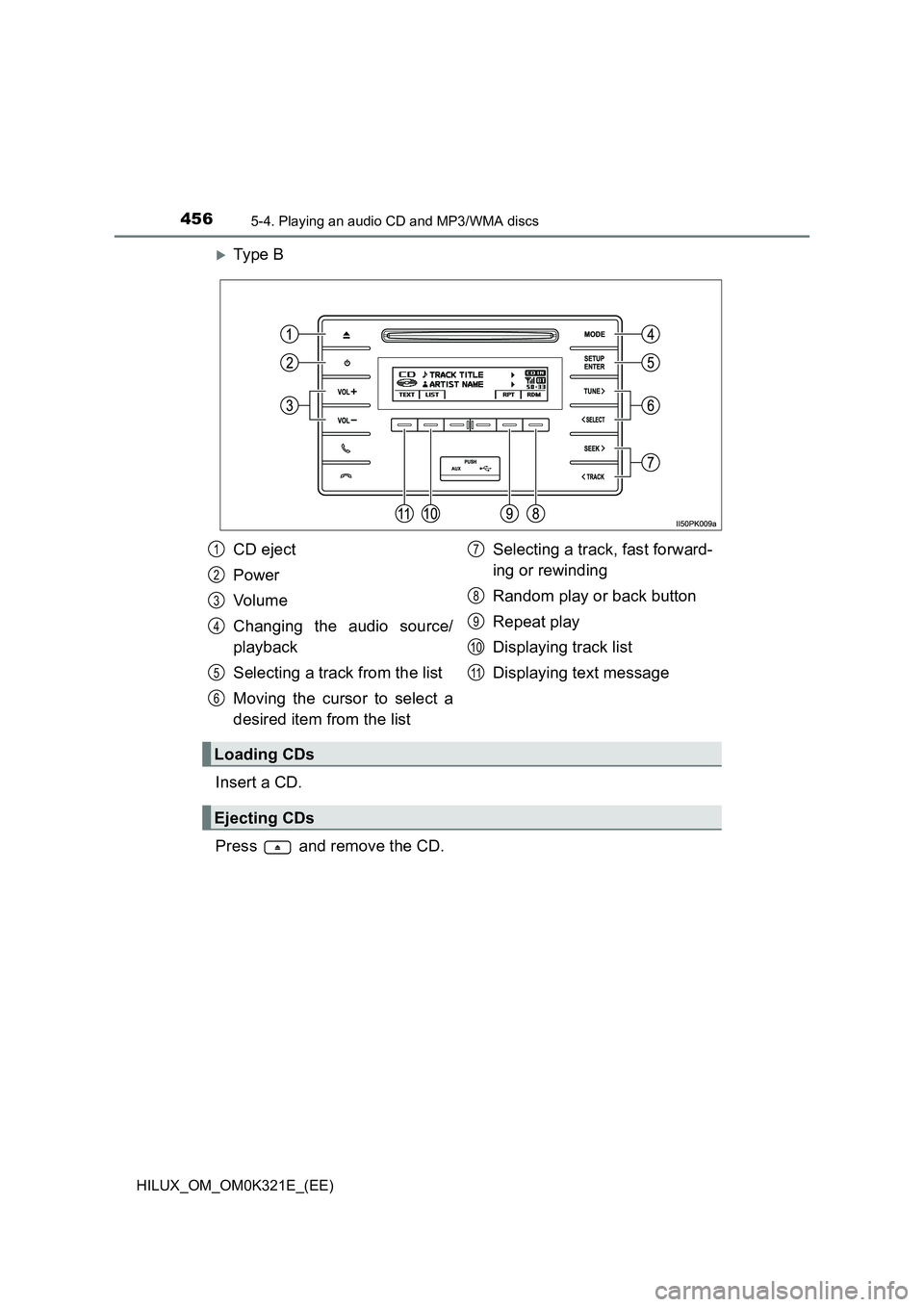 TOYOTA HILUX 2020  Owners Manual (in English) 4565-4. Playing an audio CD and MP3/WMA discs
HILUX_OM_OM0K321E_(EE)
Ty pe  B 
Insert a CD. 
Press   and remove the CD.
CD eject 
Power 
Vo lu m e 
Changing the audio source/ 
playback 
Selecting a