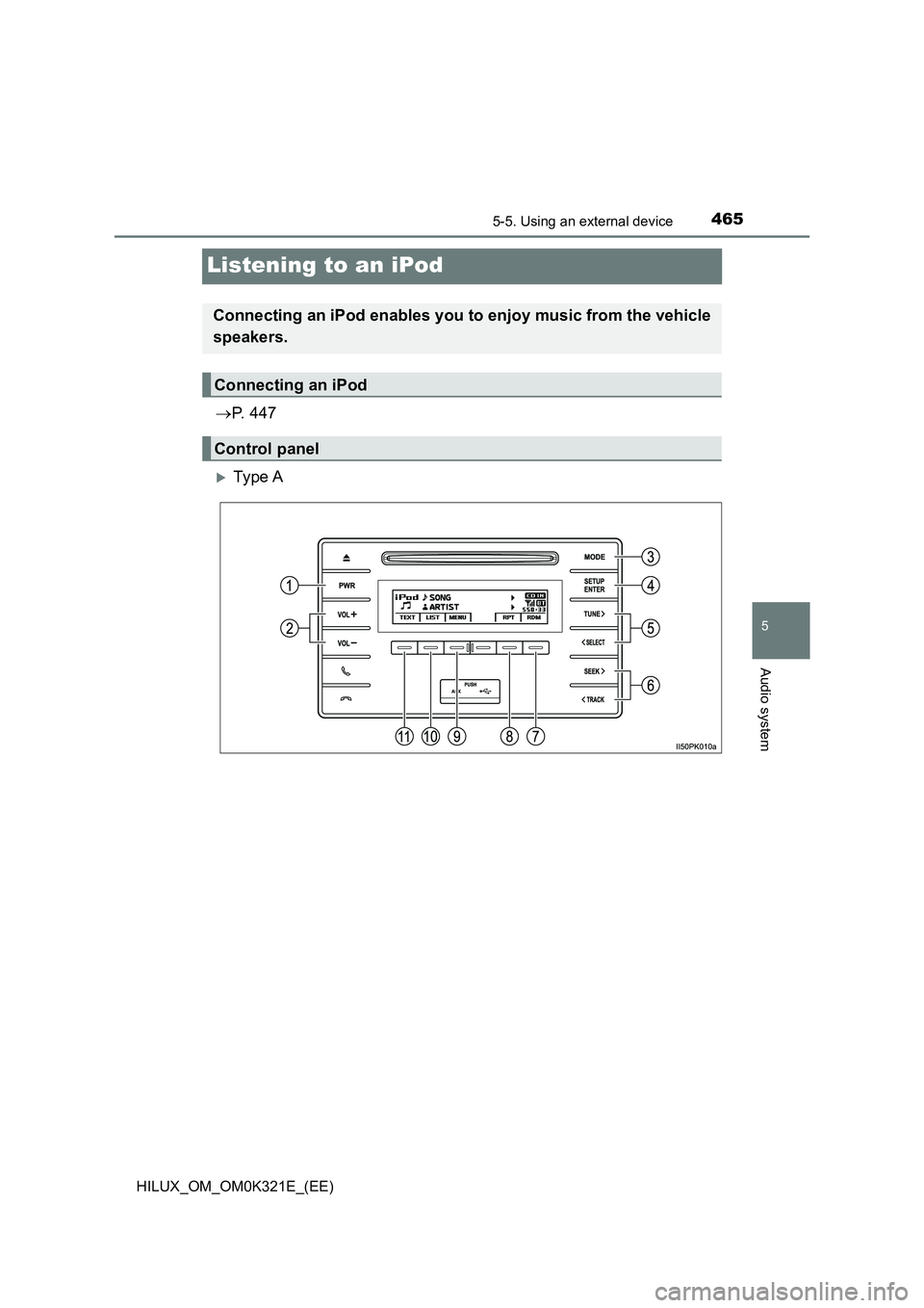 TOYOTA HILUX 2020  Owners Manual (in English) 465
5
5-5. Using an external device
Audio system
HILUX_OM_OM0K321E_(EE)
Listening to an iPod
P.  4 4 7
Ty pe  A
Connecting an iPod enables you to enjoy music from the vehicle 
speakers.
Connecti