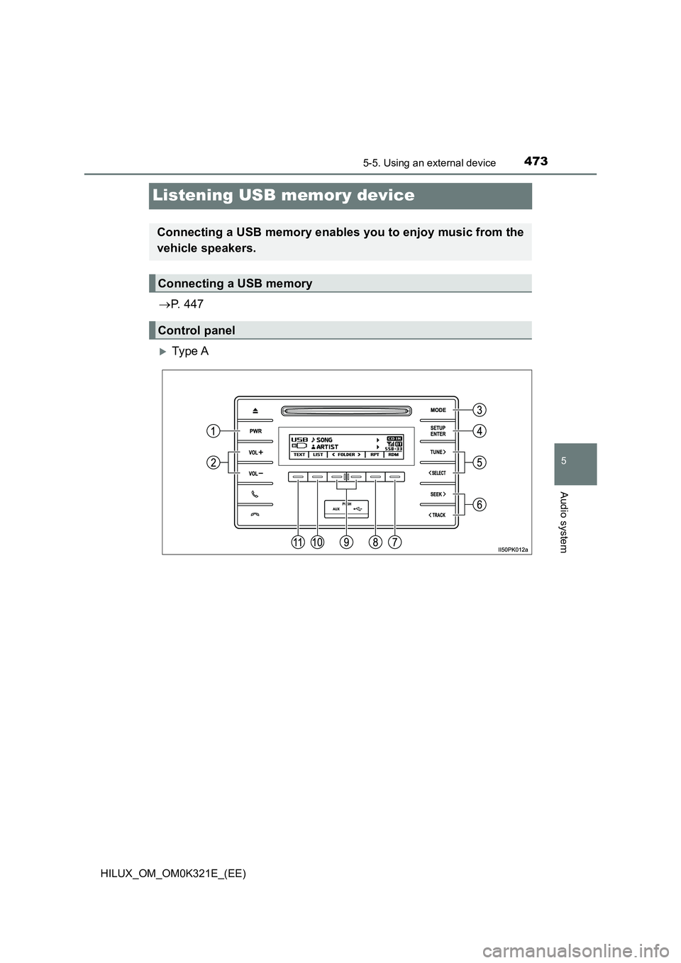 TOYOTA HILUX 2020  Owners Manual (in English) 473
5
5-5. Using an external device
Audio system
HILUX_OM_OM0K321E_(EE)
Listening USB memory device
P.  4 4 7
Ty pe  A
Connecting a USB memory enables you to enjoy music from the 
vehicle speake