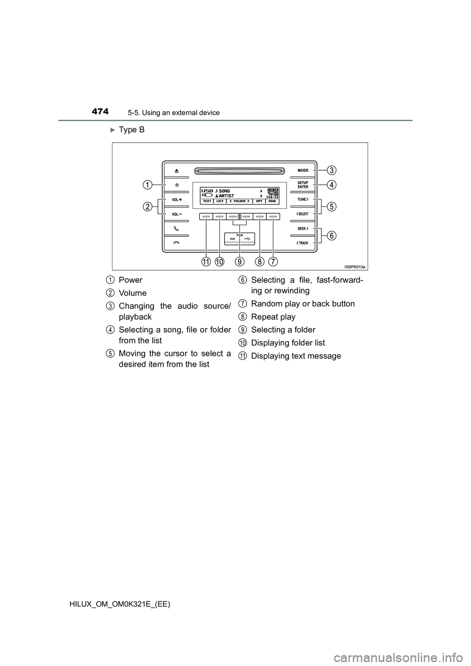 TOYOTA HILUX 2020  Owners Manual (in English) 4745-5. Using an external device
HILUX_OM_OM0K321E_(EE)
Ty pe  B
Power 
Vo lu m e 
Changing the audio source/ 
playback 
Selecting a song, file or folder 
from the list 
Moving the cursor to select