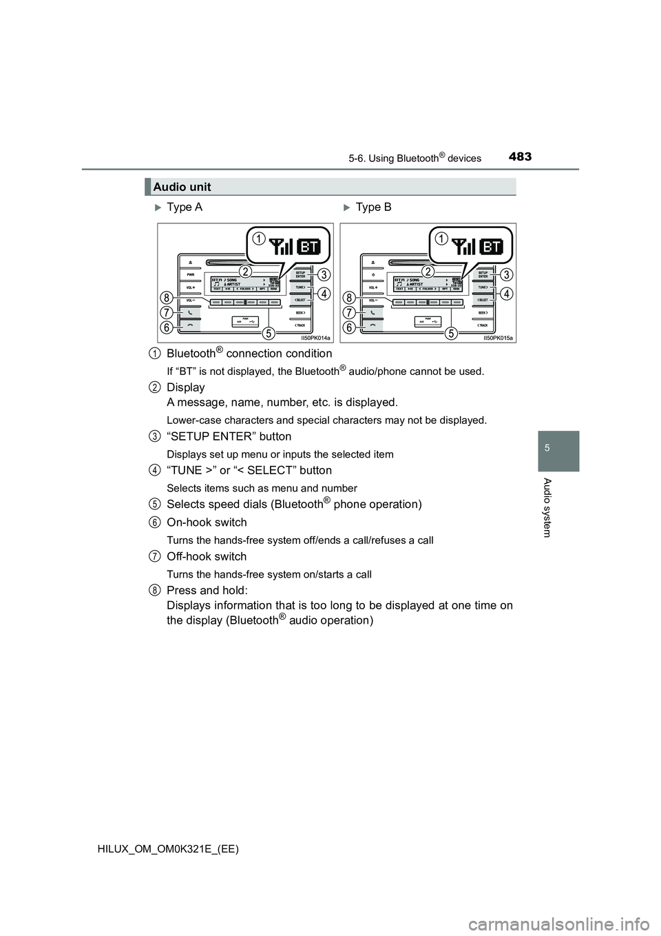 TOYOTA HILUX 2020  Owners Manual (in English) 4835-6. Using Bluetooth® devices
5
Audio system
HILUX_OM_OM0K321E_(EE)
Bluetooth® connection condition
If “BT” is not displayed, the Bluetooth® audio/phone cannot be used.
Display  
A message, 