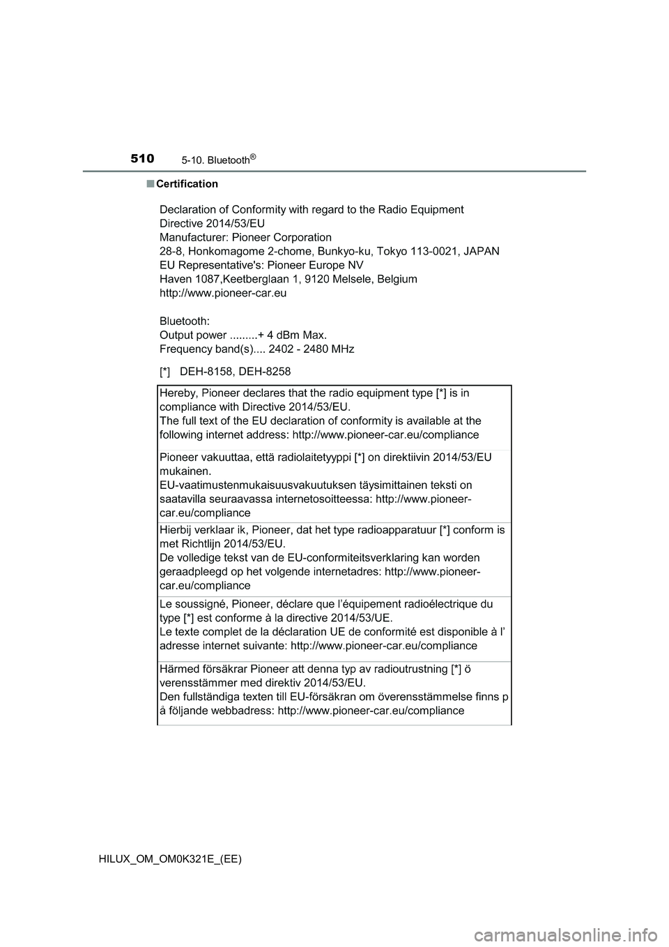 TOYOTA HILUX 2020  Owners Manual (in English) 5105-10. Bluetooth®
HILUX_OM_OM0K321E_(EE) 
■ Certification 