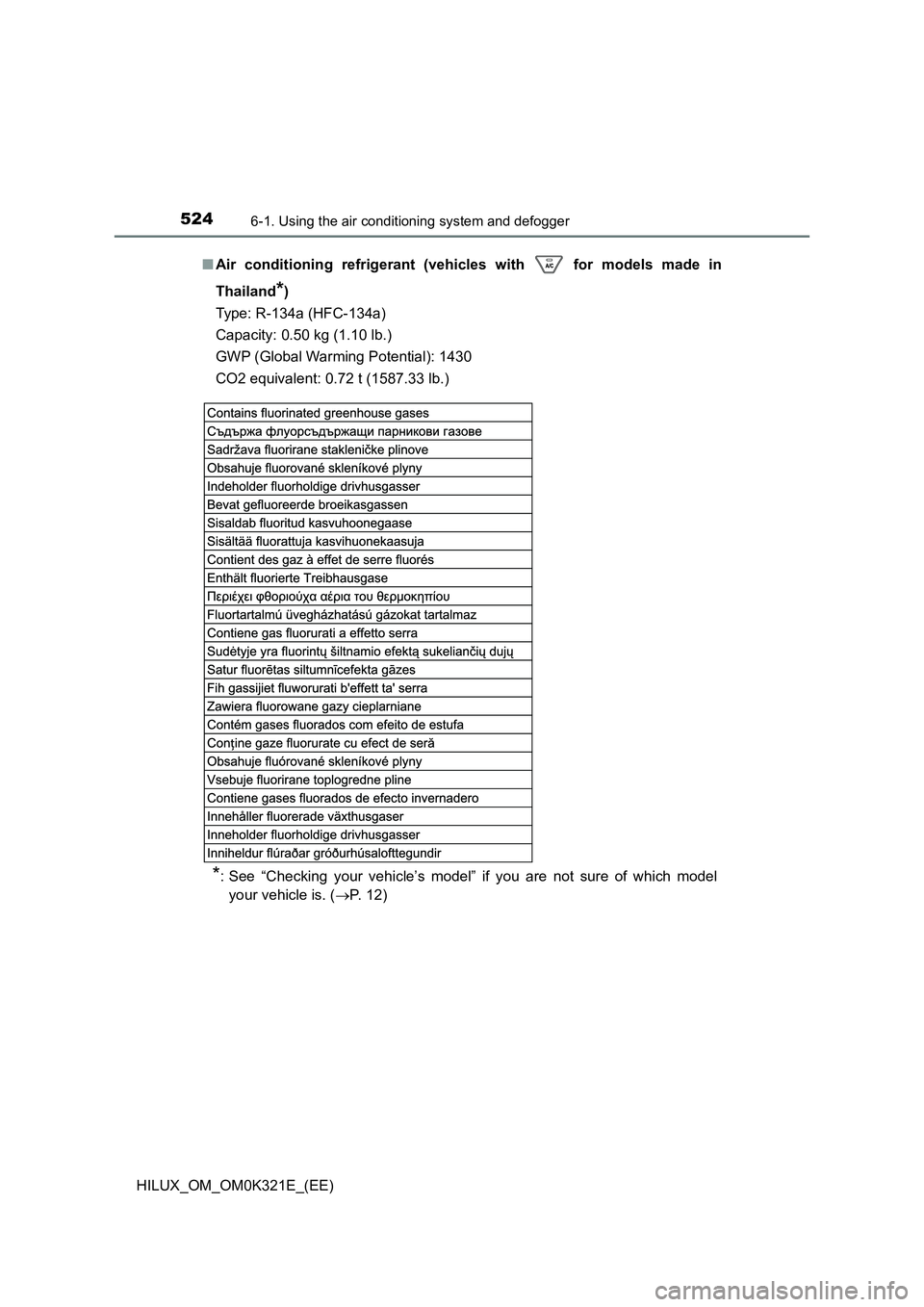 TOYOTA HILUX 2020  Owners Manual (in English) 5246-1. Using the air conditioning system and defogger
HILUX_OM_OM0K321E_(EE) 
■ Air conditioning refrigerant (vehicles with   for models made in 
Thailand*) 
Type: R-134a (HFC-134a) 
Capacity: 0.50