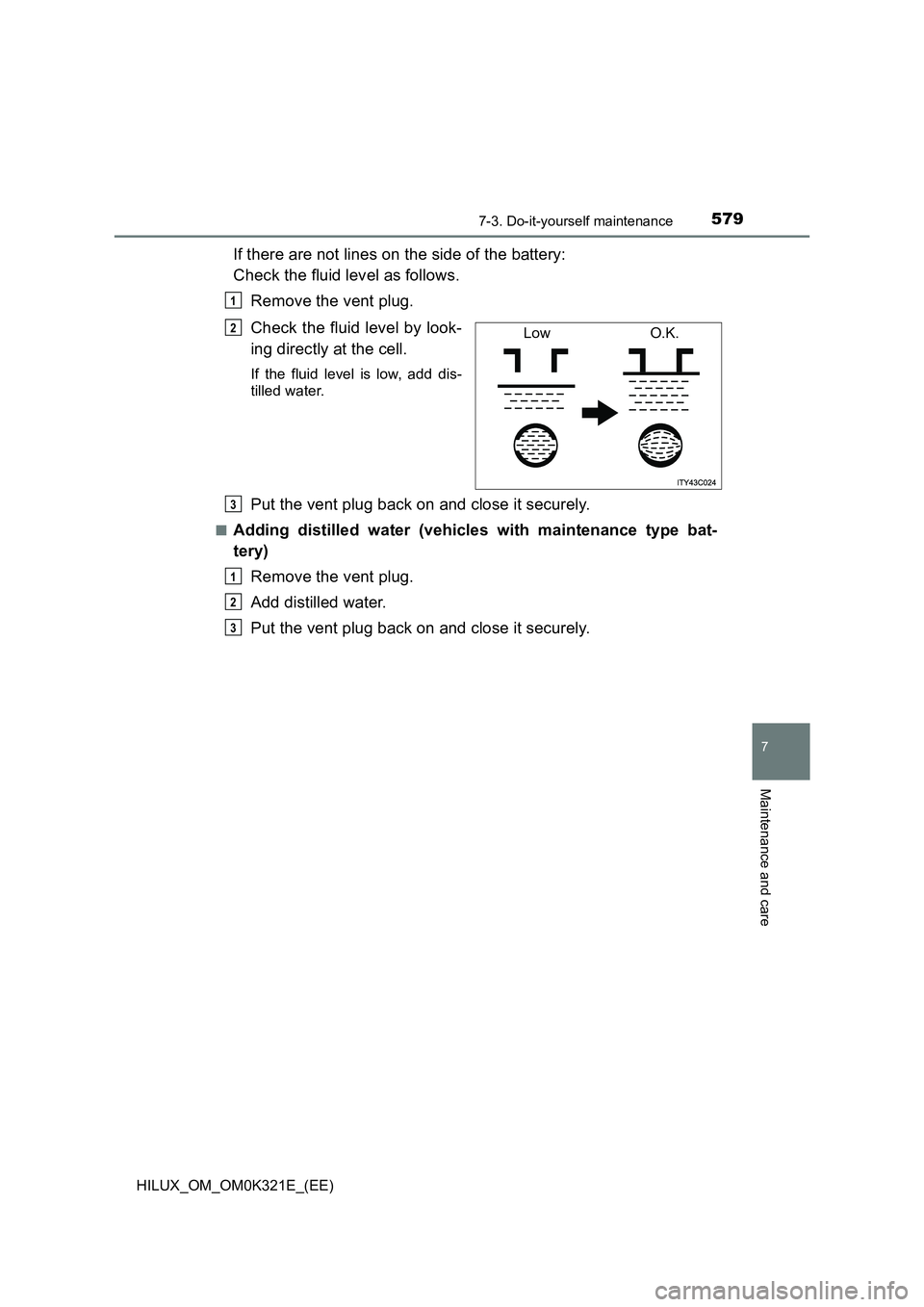 TOYOTA HILUX 2020  Owners Manual (in English) 5797-3. Do-it-yourself maintenance
HILUX_OM_OM0K321E_(EE)
7
Maintenance and care
If there are not lines on the side of the battery:  
Check the fluid level as follows. 
Remove the vent plug. 
Check th