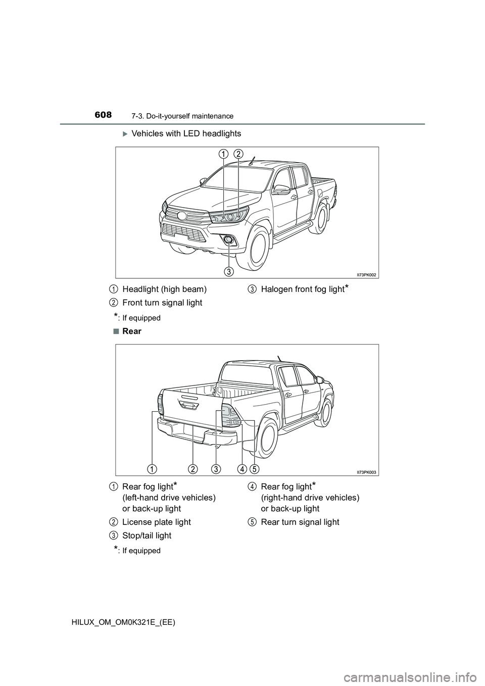 TOYOTA HILUX 2020  Owners Manual (in English) 6087-3. Do-it-yourself maintenance
HILUX_OM_OM0K321E_(EE)
Vehicles with LED headlights
*: If equipped 
■Rear
*: If equipped
Headlight (high beam) 
Front turn signal light 
Halogen front fog light