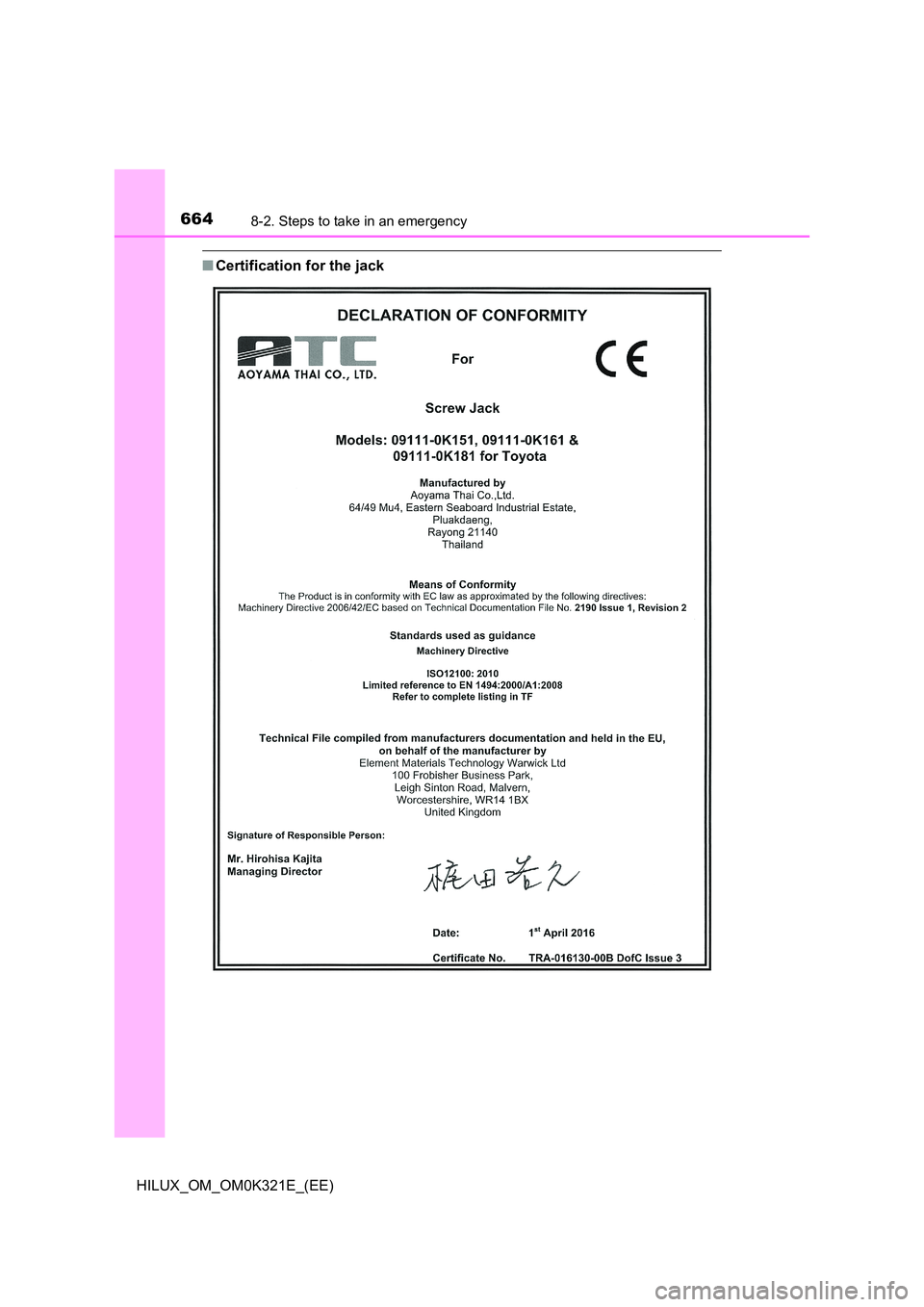 TOYOTA HILUX 2020  Owners Manual (in English) 6648-2. Steps to take in an emergency
HILUX_OM_OM0K321E_(EE)
■Certification for the jack 