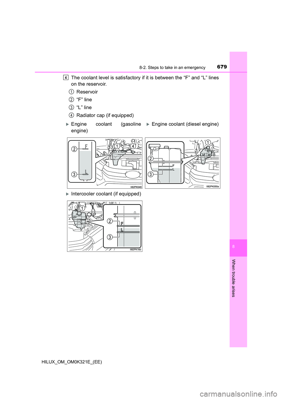 TOYOTA HILUX 2020  Owners Manual (in English) 6798-2. Steps to take in an emergency
HILUX_OM_OM0K321E_(EE)
8
When trouble arises
The coolant level is satisfactory if it is between the “F” and “L” lines 
on the reservoir. 
Reservoir 
“F